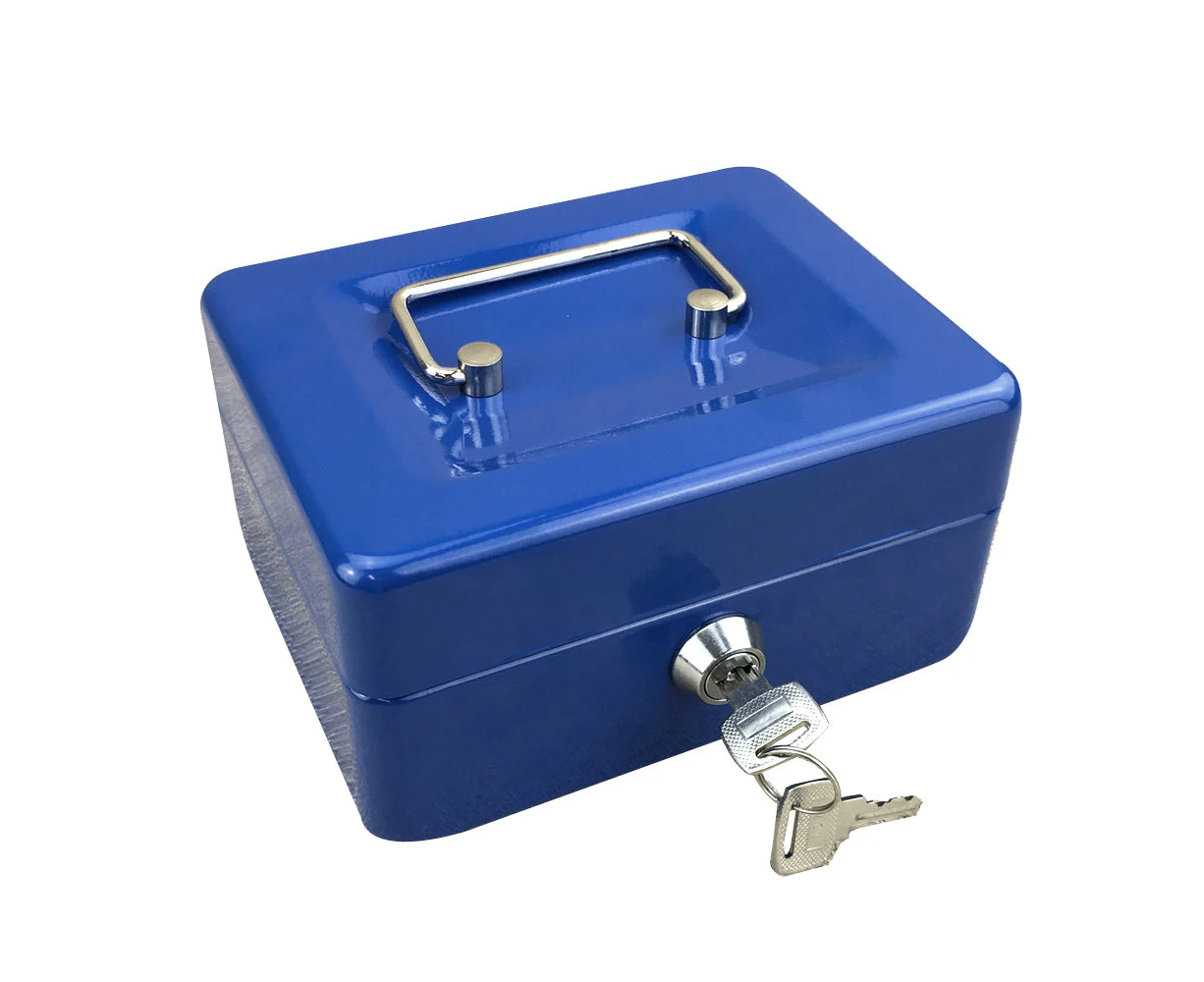 Portable Sturdy Metal Money Box Cash Box with Coin Tray Petty Cash New 3 Colors - blue