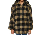 Urban Classics Women's Hooded Over Sized Check Sherpa Jacket - Soft Taupe/Black