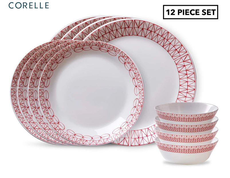 Corelle 12-Piece Everyday Expressions Graphic Stitch Dinner Set - Tempered Glass - White/Cherry Red