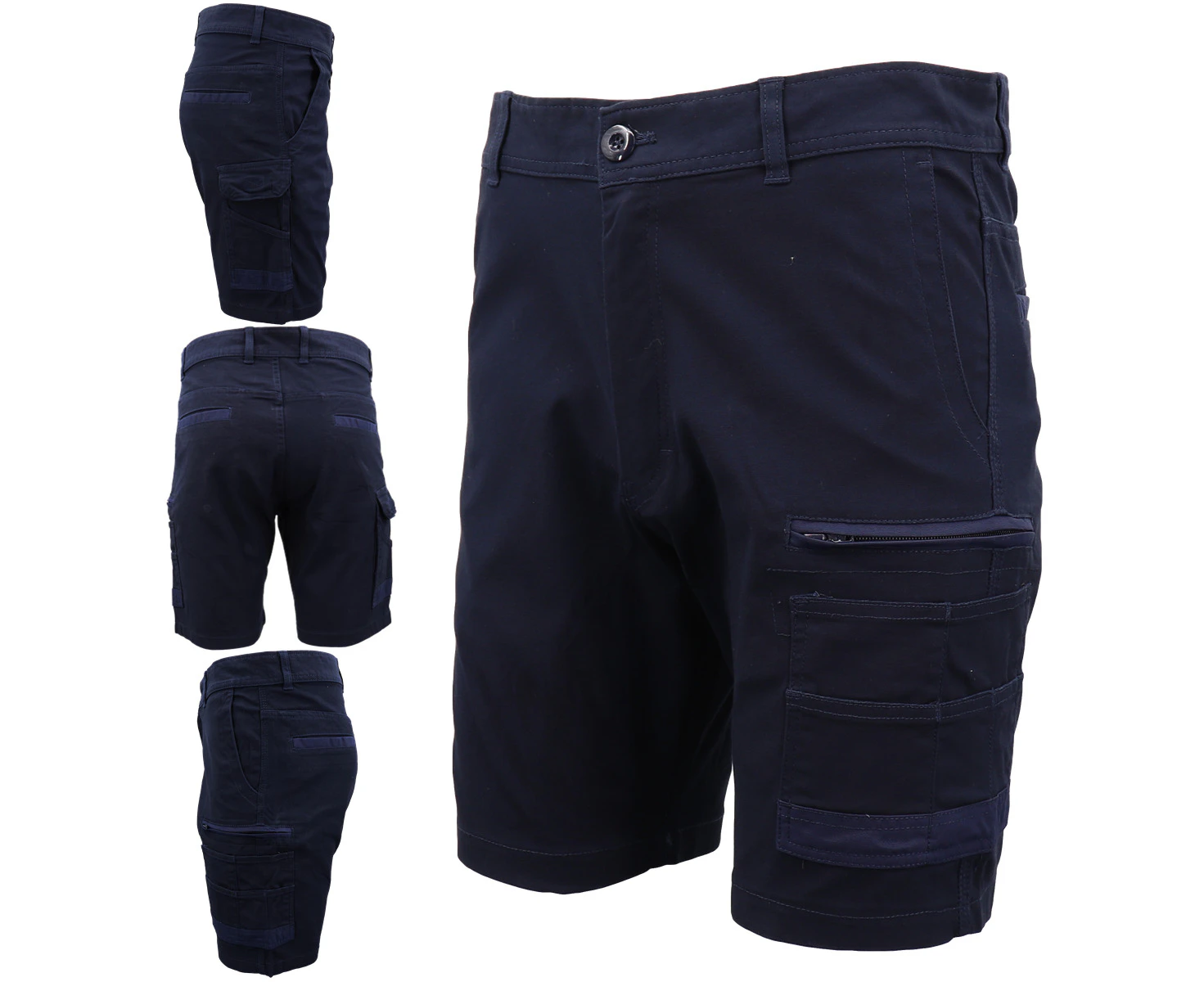 Mens Cargo Cotton Drill Work Shorts UPF 50+ 13 Pockets Tradies Workwear Trousers - Navy