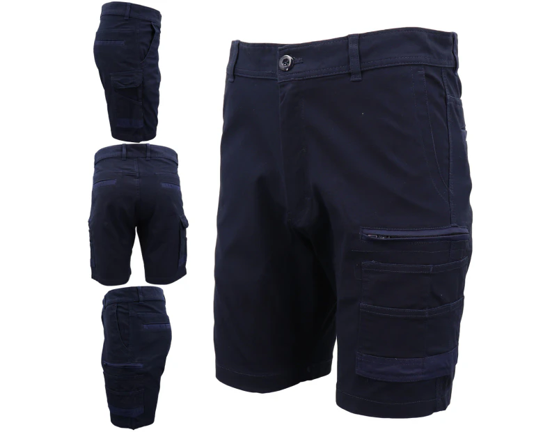 Mens Cargo Cotton Drill Work Shorts UPF 50+ 13 Pockets Tradies Workwear Trousers - Navy