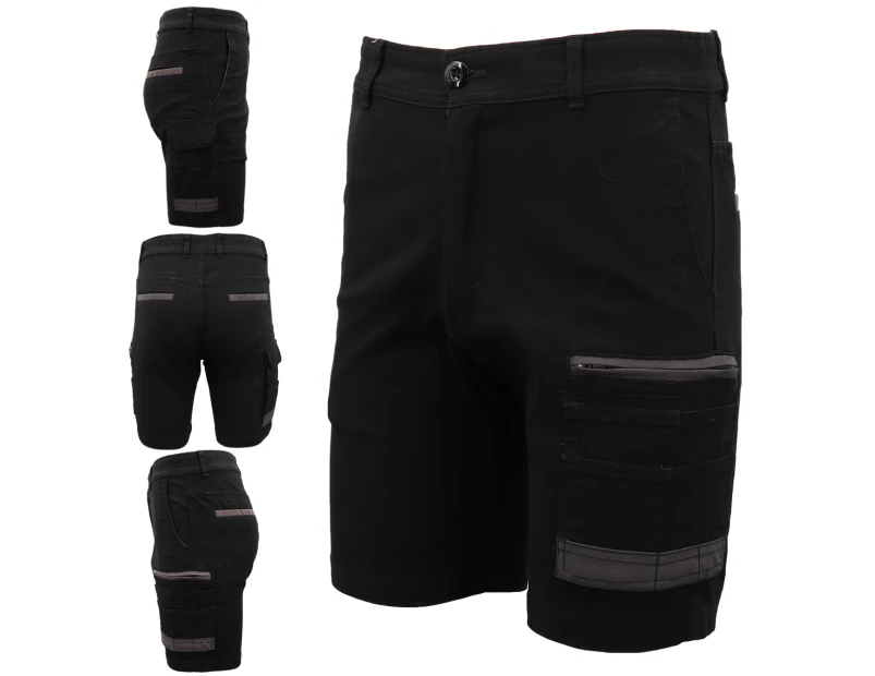 Mens Cargo Cotton Drill Work Shorts UPF 50+ 13 Pockets Tradies Workwear Trousers - Black