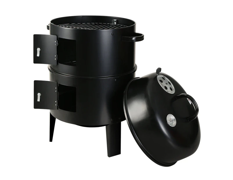 3-in-1 Heavy Duty Steel Charcoal BBQ Smoker - Black