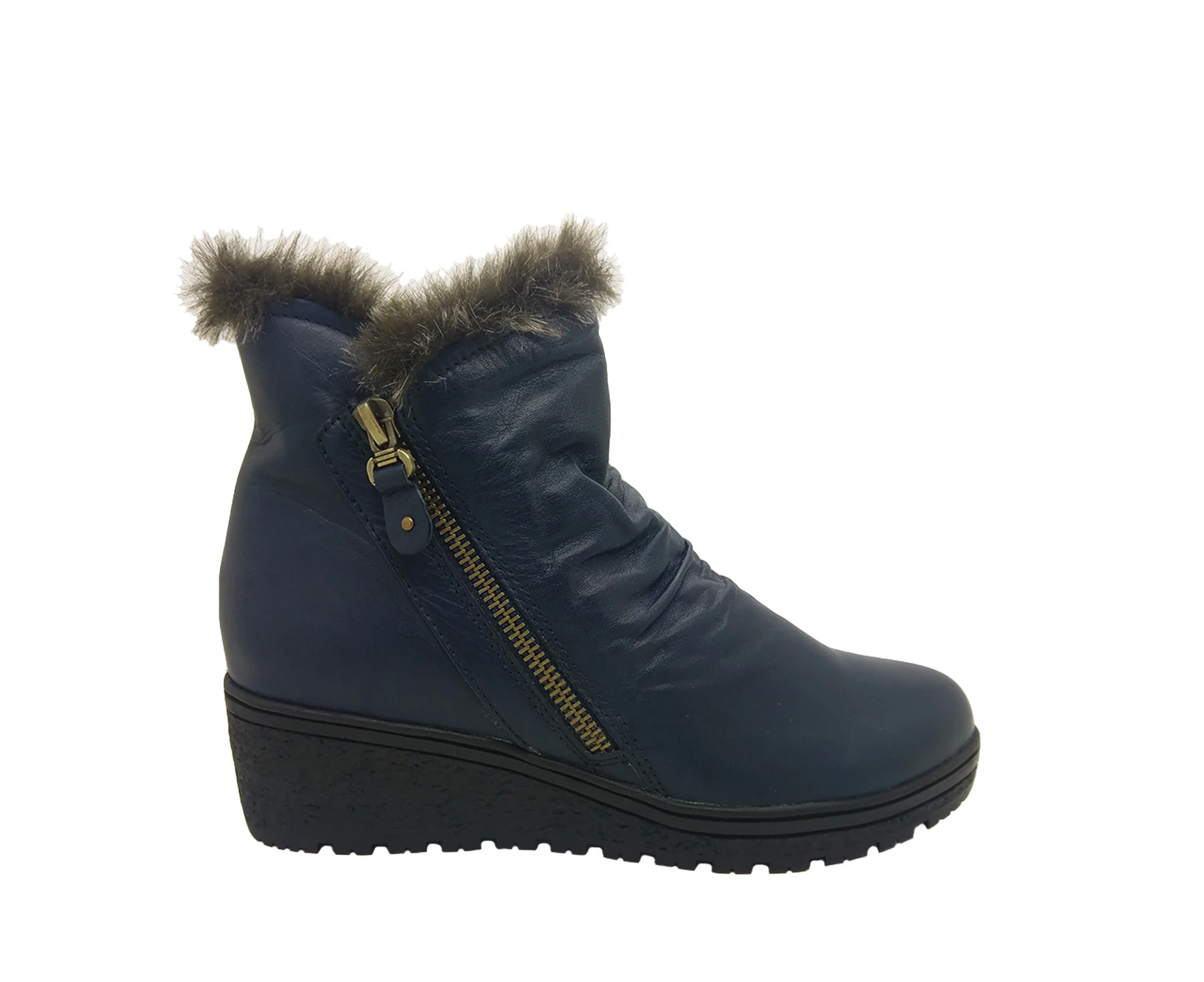 Jemma Anasyaia Ladies Ankle Boot Wedge Soft Leather Fleece Lined Zip Up - Navy