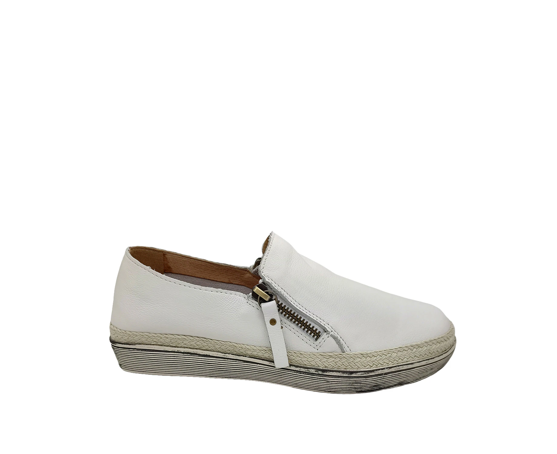 Jemma Alia Ladies Casual Shoes Soft Leather Upper Flat Sole Double Zip - White