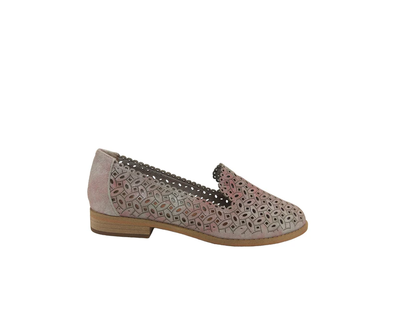 Jemma Damaris Ladies Leather Slip on Casual Loafer Two Toned - Grey/Pink