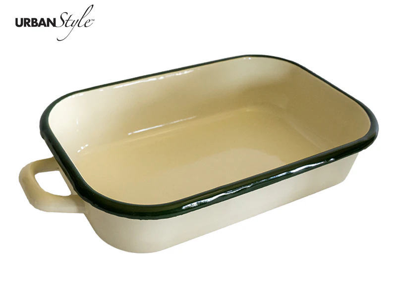 Urban Style Enamelware 3.4L Baking/Serving Dish Rectangle w/ Green Rim Cream