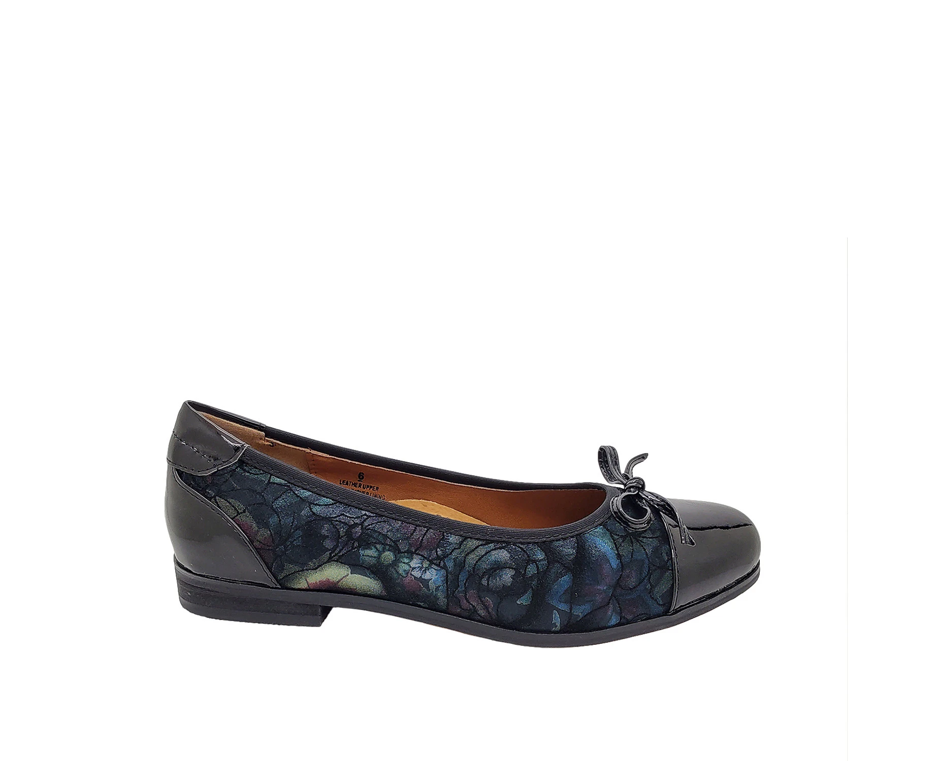 Jemma Lucy Ladies Leather Flats Court style Patent Trim Floral Print Slip On - Black/Green