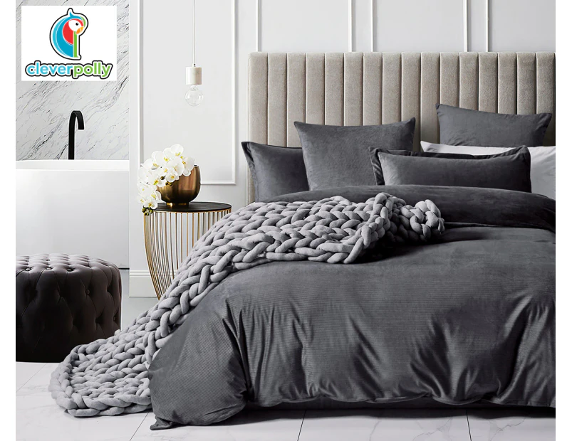 CleverPolly Corduroy Velvet Quilt Cover Set - Charcoal