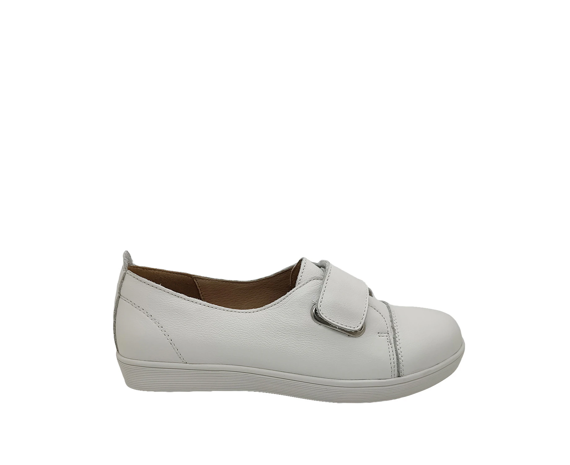 Jemma Piano Ladies Casual Shoes Soft Leather Upper Tab Close Flat Sole - White