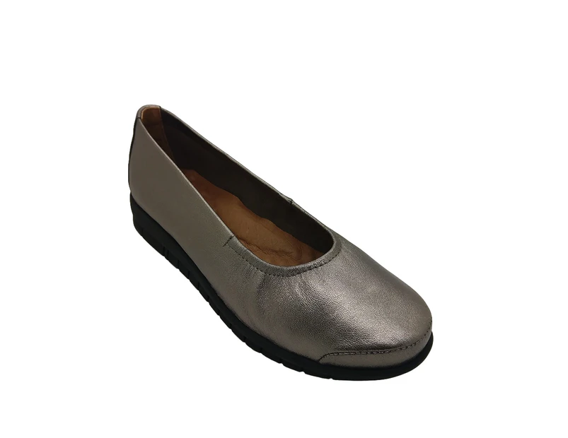 Jemma Sandra Ladies Shoes Soft Leather Ballet Flat Comfort Flex Sole Work - Pewter