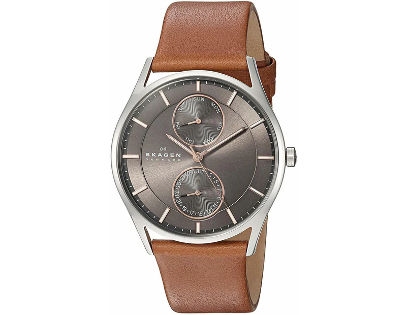 Skagen Holst Multifunction Stainless Steel Quartz Skw6086 Men's Watch Charcoal Dial, Brown Leather Strap