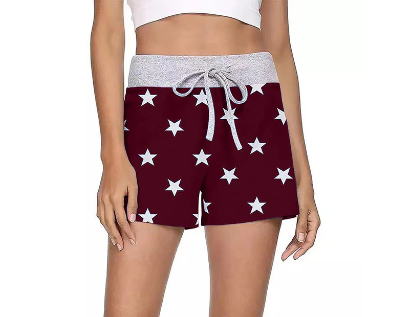 sunwoif Women's Summer Stars Print Shorts Casual Sports Hot Pants - Wine Red