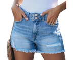 sunwoif Women Denim Shorts Jeans High Waist Ripped Hot Pants - Light Blue