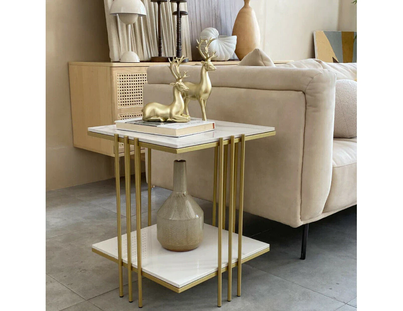 Fine Store - Mid Century Modern Golden Marble Top Accent Table