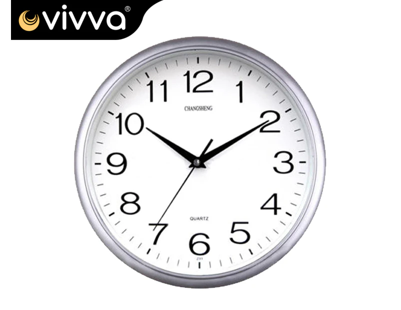 Vivva Wall Clock Quartz Polish Silver Round Wall Clock Silent Non-Ticking Battery Operated