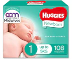 Huggies Newborn Nappies Size 1 up to 5kg Carton of 108's
