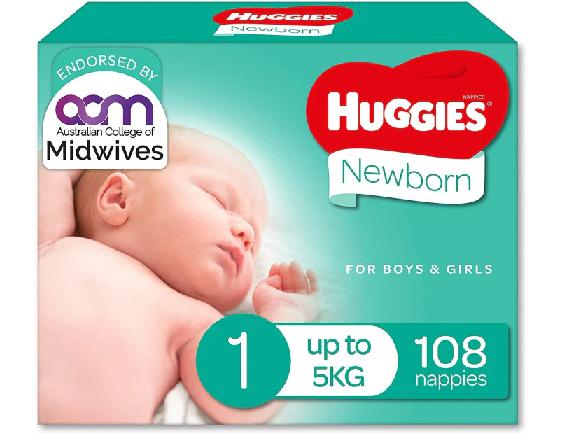 Huggies Newborn Nappies Size 1 up to 5kg Carton of 108's