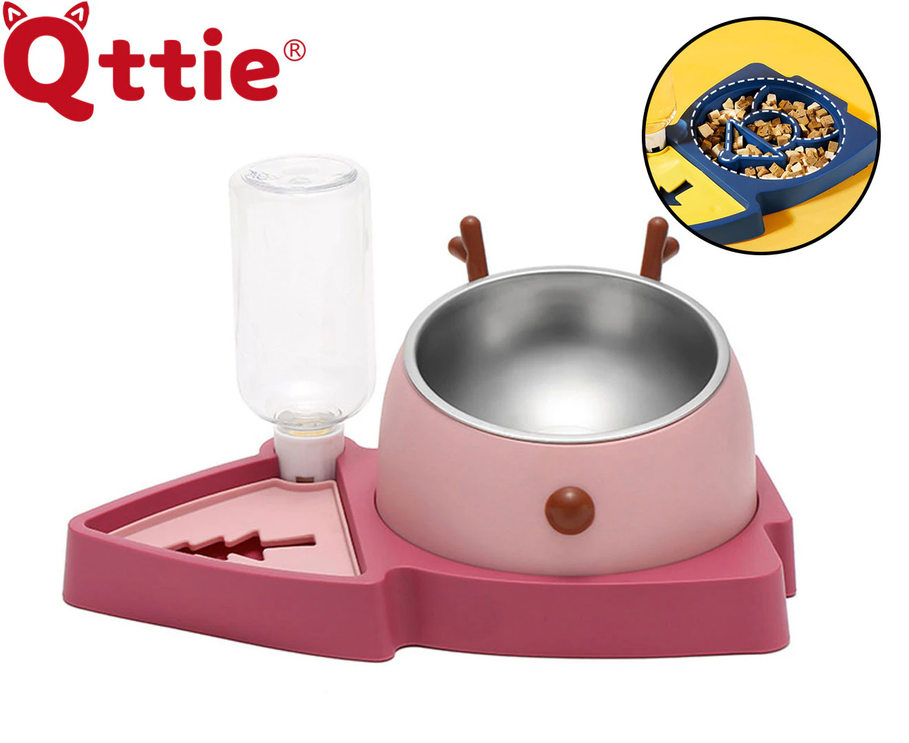 Qttie Double Cat Bowl Pet Bowls Stand Dog Elevated Feeder Food Water Raised Lifted Pink