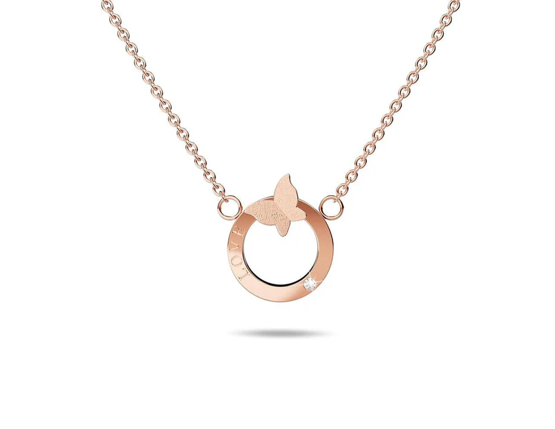 Genuine Single Diamond Set Butterfly in Love Necklace Rose Gold Titanium