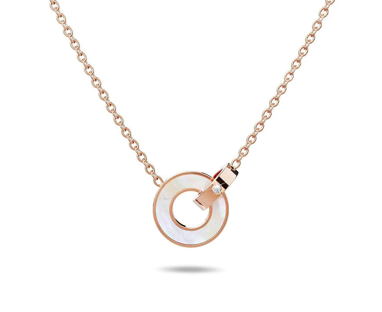 Genuine Single Diamond Set Roman Numerals & MOP Shell Dial Necklace Rose Gold Titanium