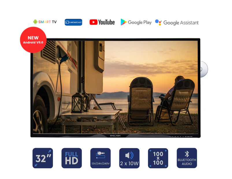 Englaon 32 Inch Full HD LED 12V SMART TV with Chromecast Android 9.0 & DVD Combo for Caravan Motorhome Campervan Boat Truck Car RV
