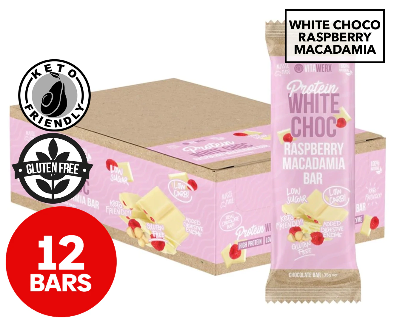 Vitawerx Protein White Chocolate Bar Raspberry Macadamia 35g