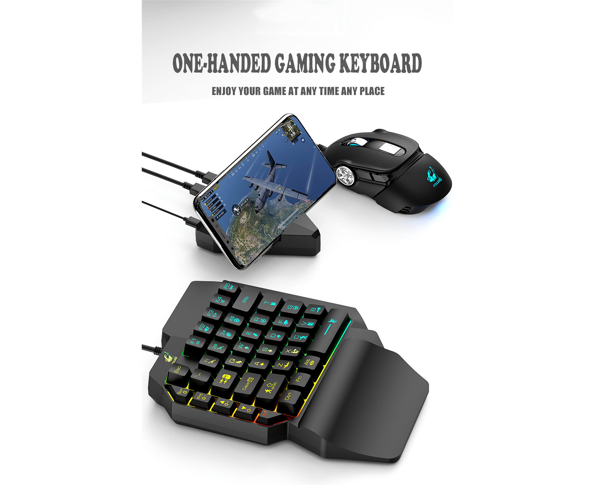 T1 Wired One Handed Gaming Keyboard Mouse Combo Ergonomic Multicolor  Backlight One-Handed Game Keyboard Mouse Set For PC