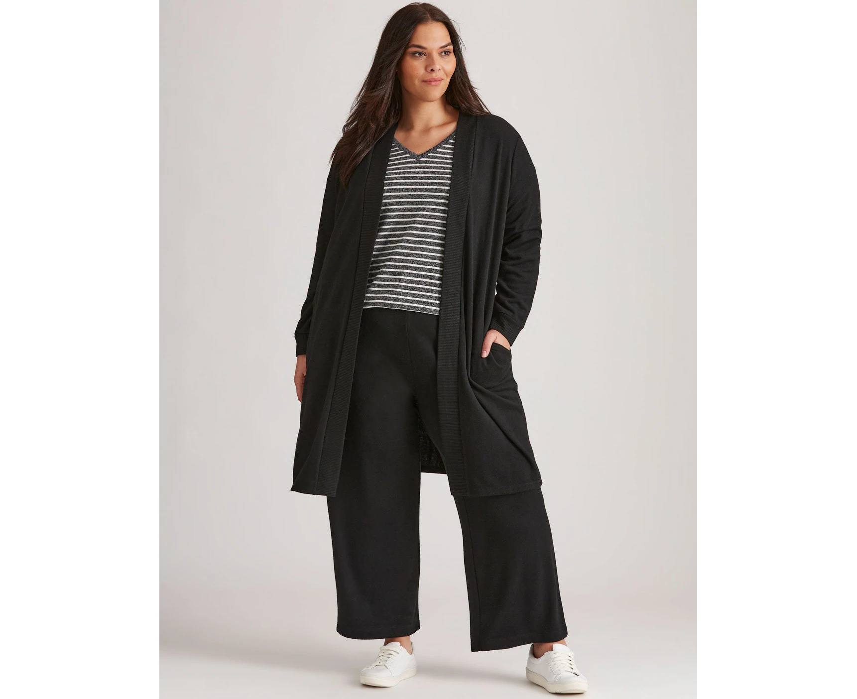 Autograph - Plus Size - Womens Pants - Black Winter Cropped - Wide Leg Trousers - Mid Waist - Knitwear - Fluffy - Elastane - Work Clothes Office Wear