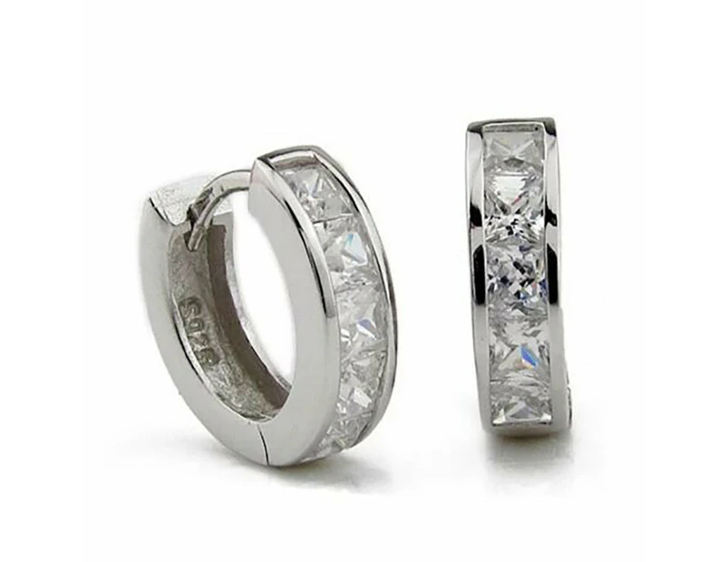 Sterling Silver 10mm Huggie Hoop Small Square Sleeper CZ Crystal Earrings