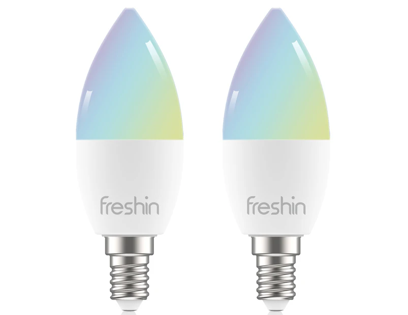 E14 Candle Smart Bulb RGBCW FRESHIN 2 Pack  APP Control 2.4GHz Only Alexa/Google Home Voice Control No Hub Required