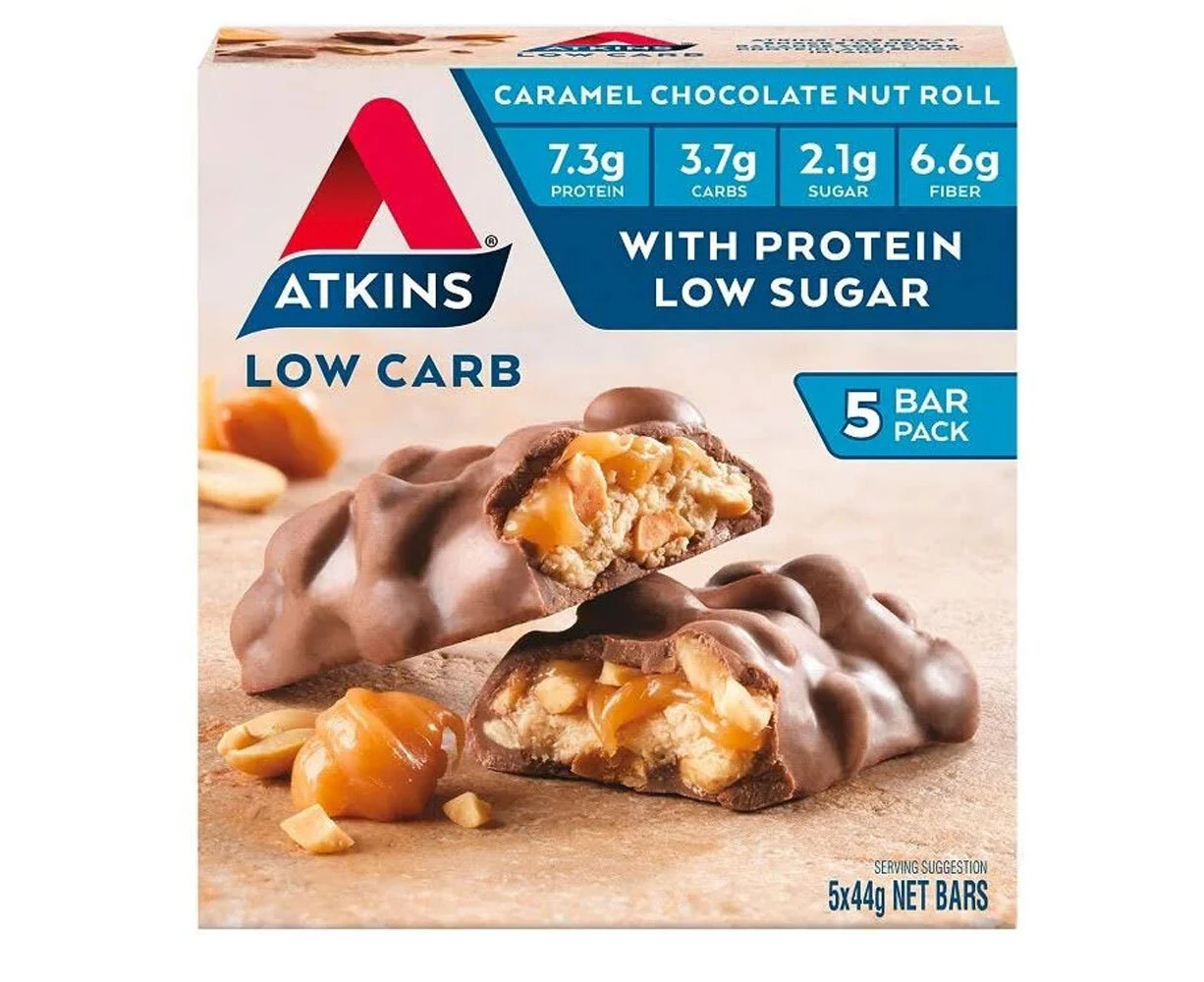 5 x Atkins Low Carb Protein Bars Caramel Chocolate Nut Roll 44g