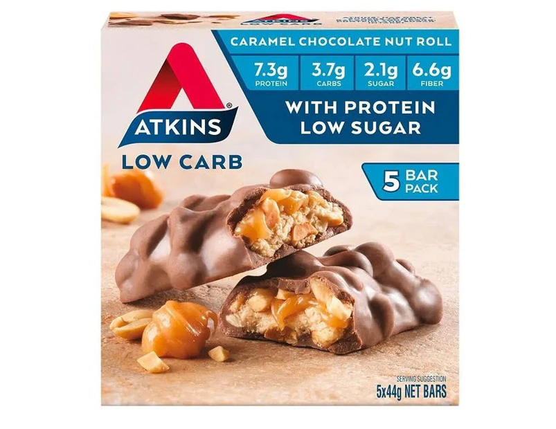 5pc Atkins Advantage Low Sugar/Carb Caramel Chocolate Protein Nut Roll Bars 44g