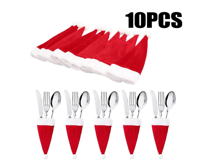 Mini Santa Hats Christmas Tableware Cutlery Holder Bag Table Decor - Red