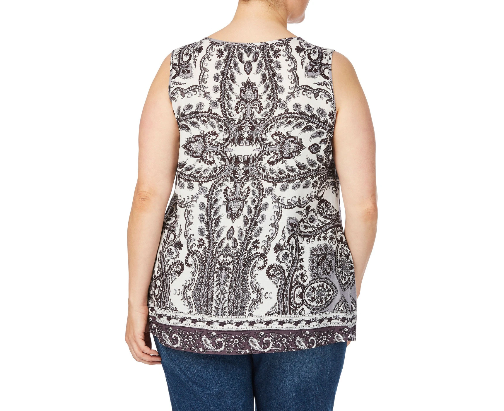 BeMe - Plus Size - Womens Summer Tops - Grey Basic - Office Wear - Work Clothes - Paisley - Sleeveless - Crushed - Everday Style - Fashion Outfit