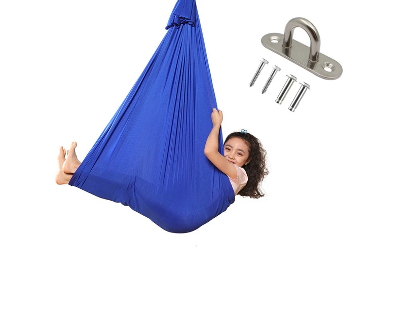 Kids Therapy Swing, Yoga Cuddle Sensory Hanging Elastic Hammock - Medium- Blue + Holder