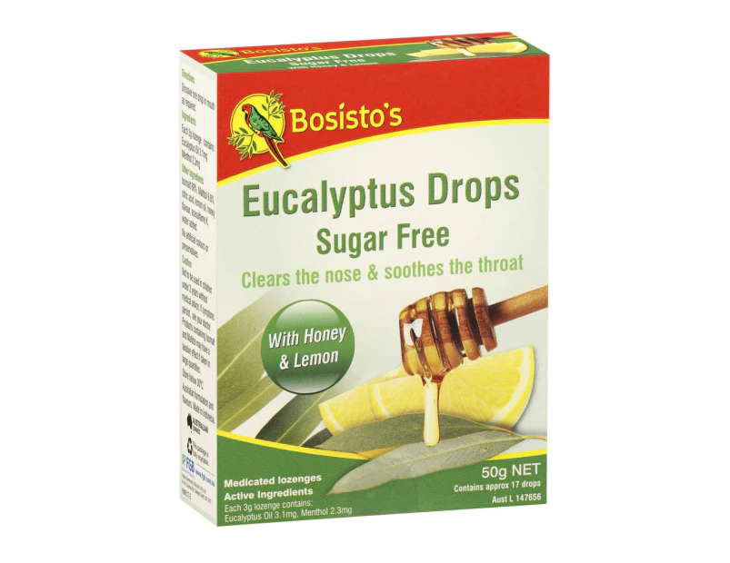 50g Eucalyptus Drops Bosisto's Sugar Free Throat Honey Lemon Soothing Lozenges