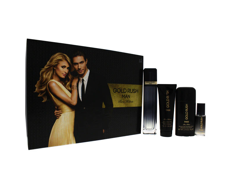 Paris Hilton Gold Rush Man For Men  4 Pc Gift Set EDT Spray 15ml/0.5oz EDT Spray 90ml/3.0oz Hair Body Wash 81ml/2.75oz Alcohol Free Deodorant Stick 1