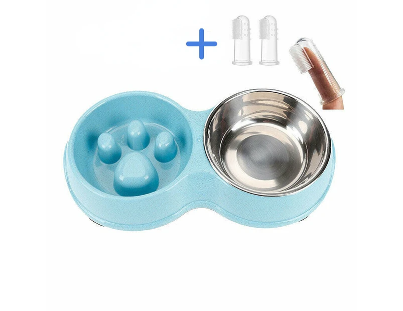 Friter Double Pet Dog Slow Feeder Bowls, Stainless Steel Bowl for Small and Medium Dogs with Dog Toothbrush - Blue