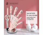 Kitchen Chef Knife Sharp 9 Piece Set, Premium Stainless Steel Knife Blade & Hollow Non-Slip Handles - 360 Degree Rotating Block Stand Cooking Set - Pink