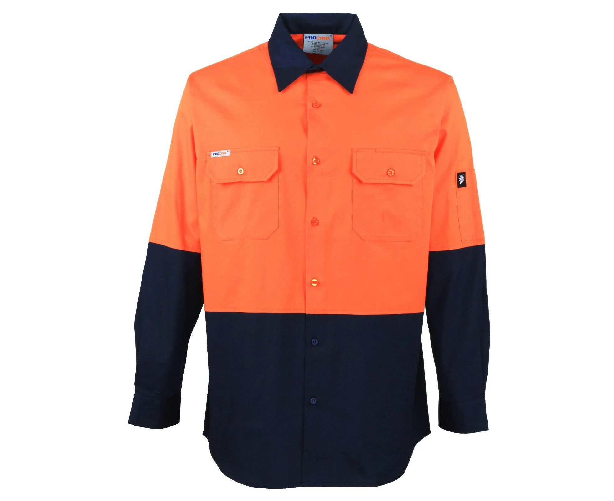 Hi Vis Work Shirt Vented Cotton Drill Long Sleeve Safety Workwear Uniform 190Gsm - Orange/Navy