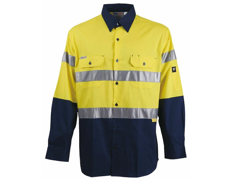 Hi Vis Work Shirt With Vent Cotton Drill 3M Reflective Tape Long Sleeves 155Gsm - Yellow/Navy