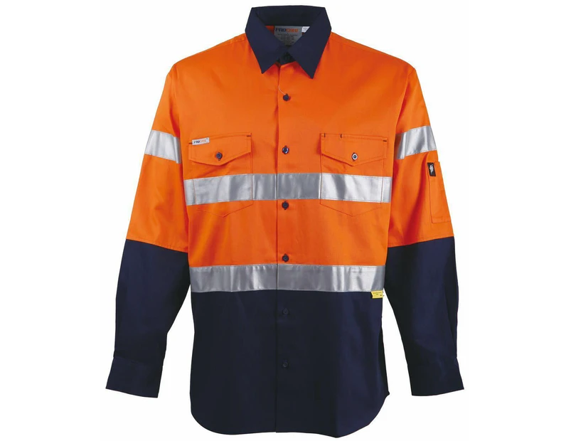 Hi Vis Work Shirt With Vent Cotton Drill 3M Reflective Tape Long Sleeves 155Gsm - Orange/Navy