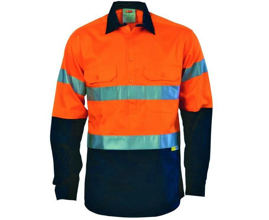 Hi Vis Work Shirt Closed Front Cotton Drill 3M Reflective Tape - Orange/Navy