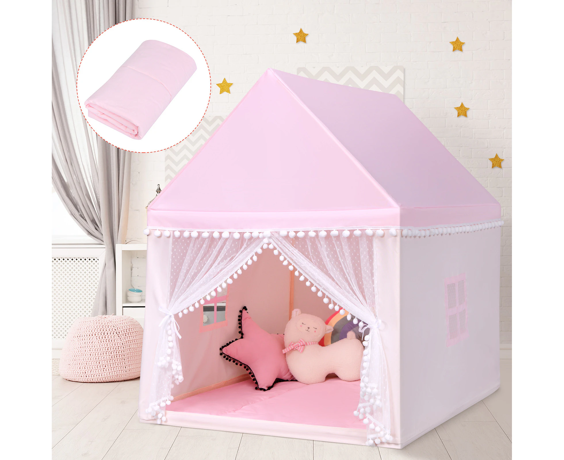 Costway Play Tent Princess Castle Playhouse Cubby Toy w/Cotton Mat & Windows, Indoor Outdoor ren Gift, Pink