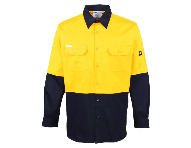 Hi Vis Work Shirt Vented Cotton Drill Long Sleeve Safety Workwear Uniform 155Gsm - Yellow/Navy