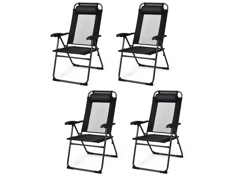 Costway 4 x Outdoor Chairs Folding Deck Dining Chairs Camping Beach Adjustable Recliner w/Head Pillow Patio Garden Backyard