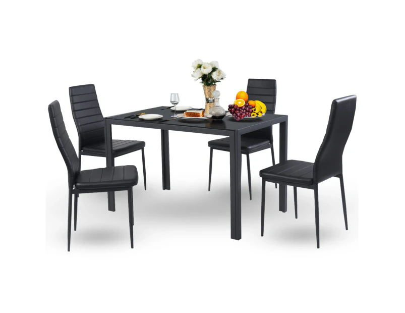 Giantex 5 Piece Dining Table and Chairs Set w/ Metal Frame & Glass Table Top & 4 Leather Padded Chairs Black