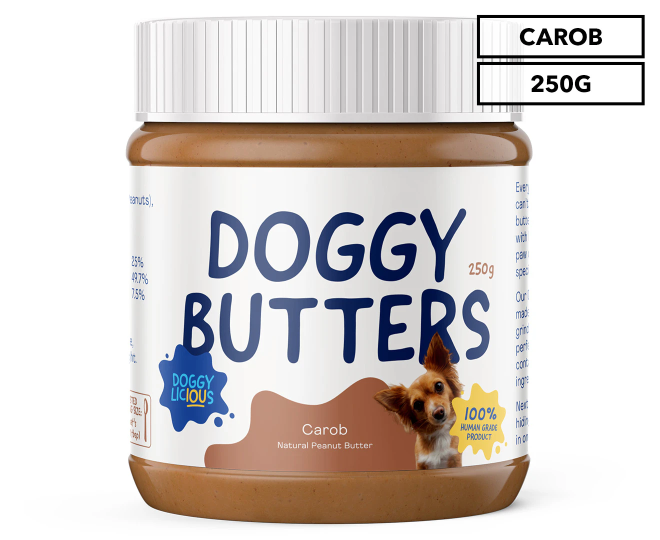 Doggylicious 100% Natural Carob Pet Dog Butter Snack Grain/Gluten Free 250g