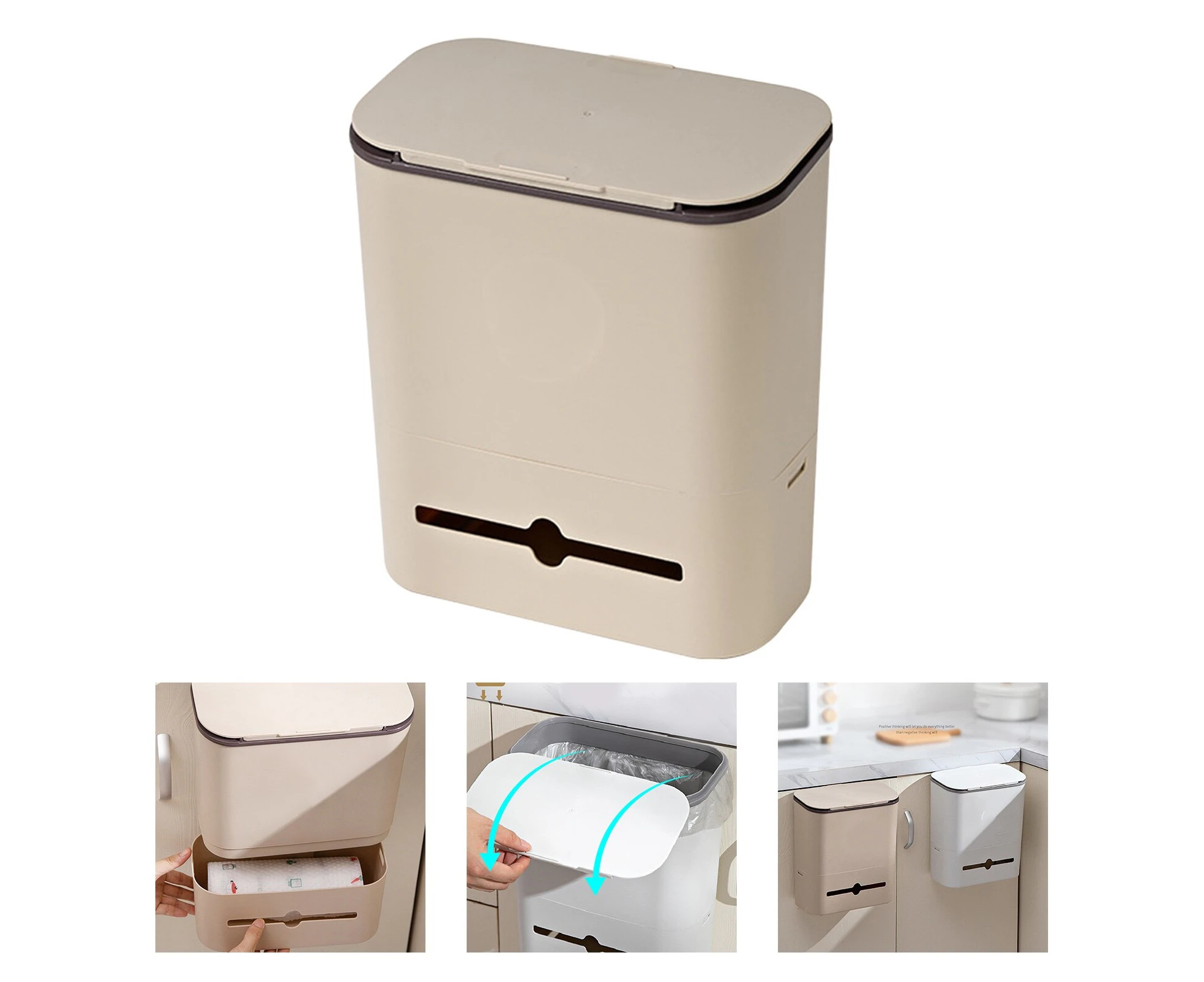 10L Cabinet Door Hanging Trash Can Wall Mounted Cupboard Bin with Sliding Lid Beige